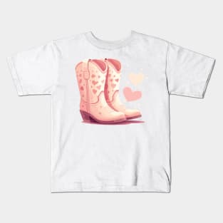 Blush Pink Cowgirl Boots With Hearts Kids T-Shirt